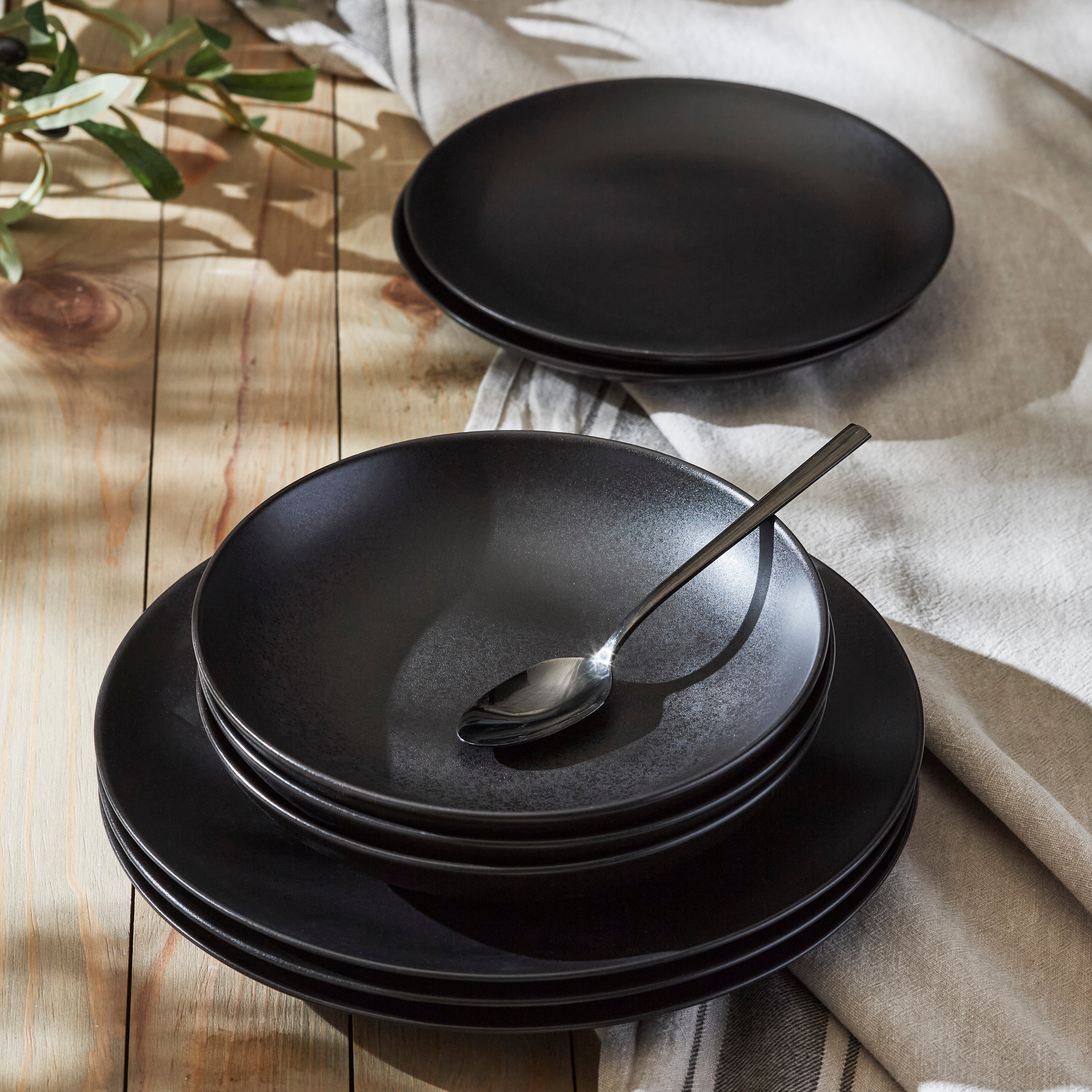 Stone Lain Semplice Stoneware Black Matte Dinnerware Set 12