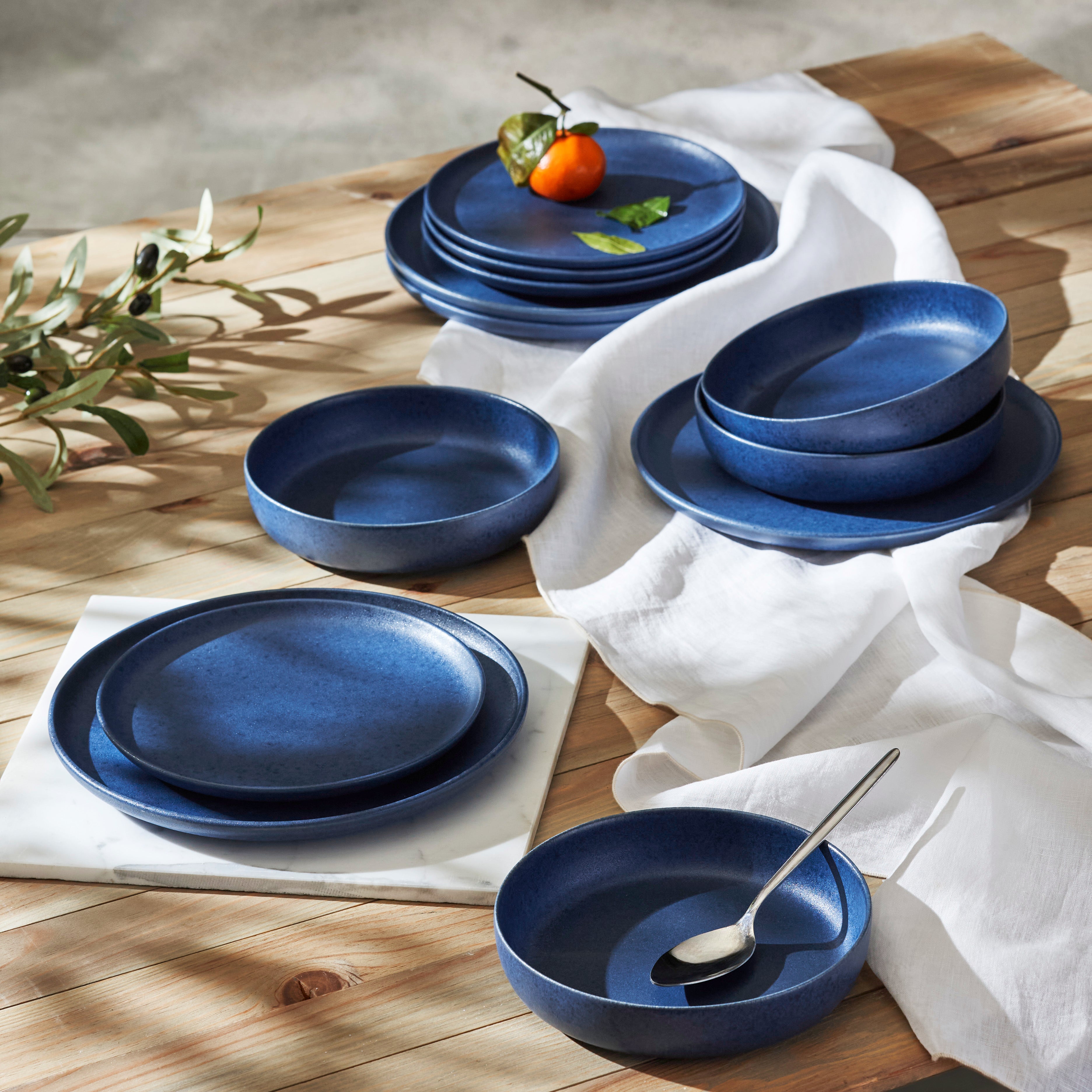 Macchio Stoneware Dinnerware Set - Blue Matte - Crafted in Portugal - Scratch-Resistant