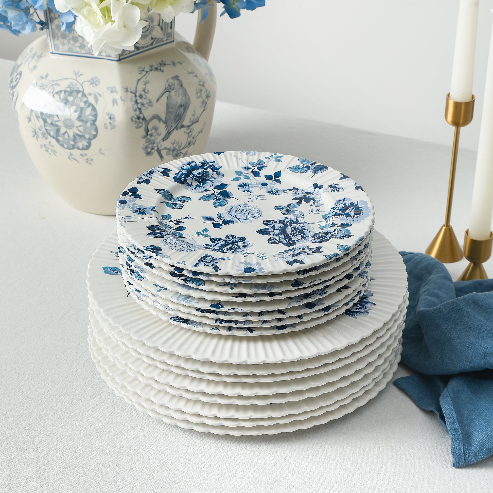 Stone Lain Fiore New Bone China 12-Piece Dinnerware Set, Blue