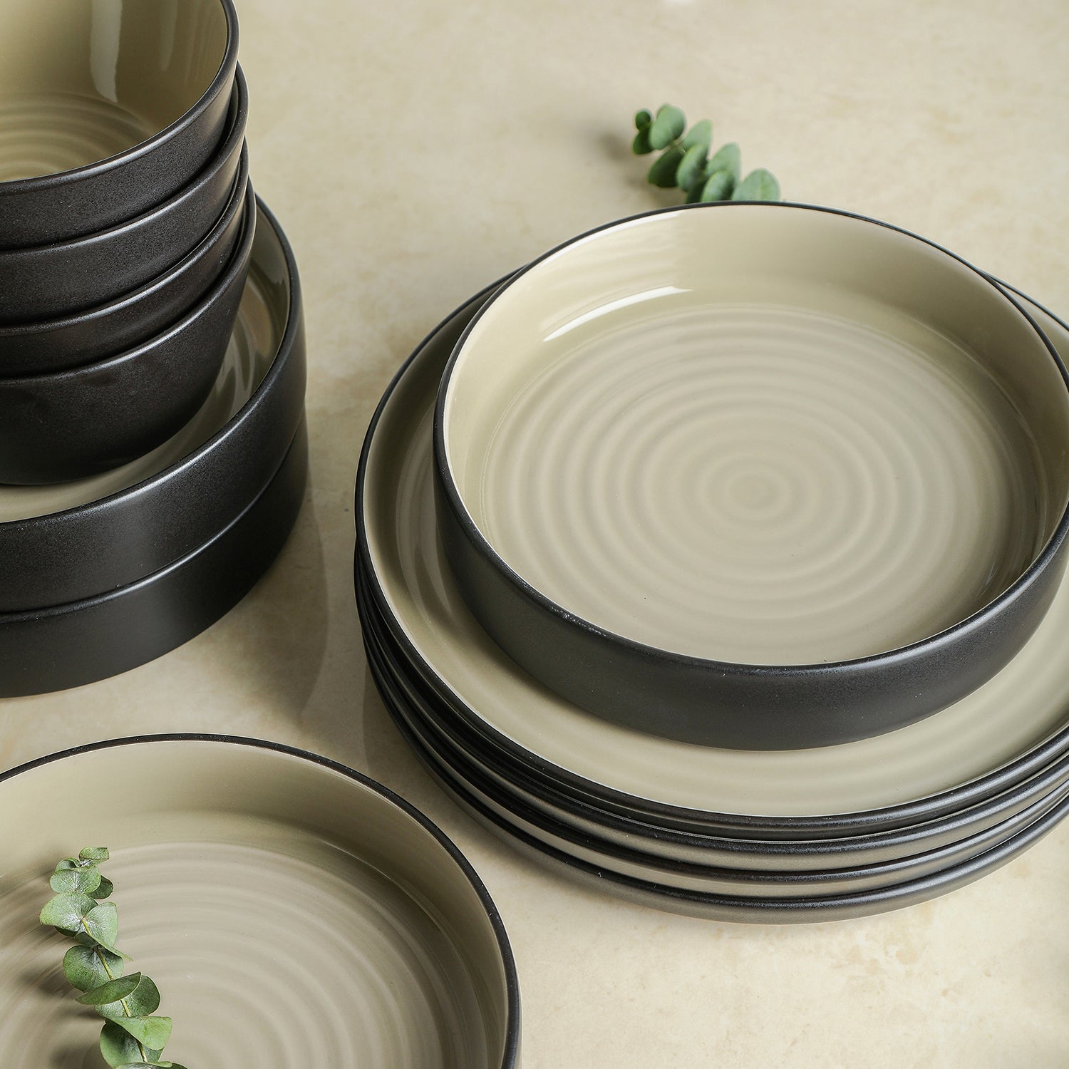 Elica Stoneware Dinnerware Set - Beige And Black