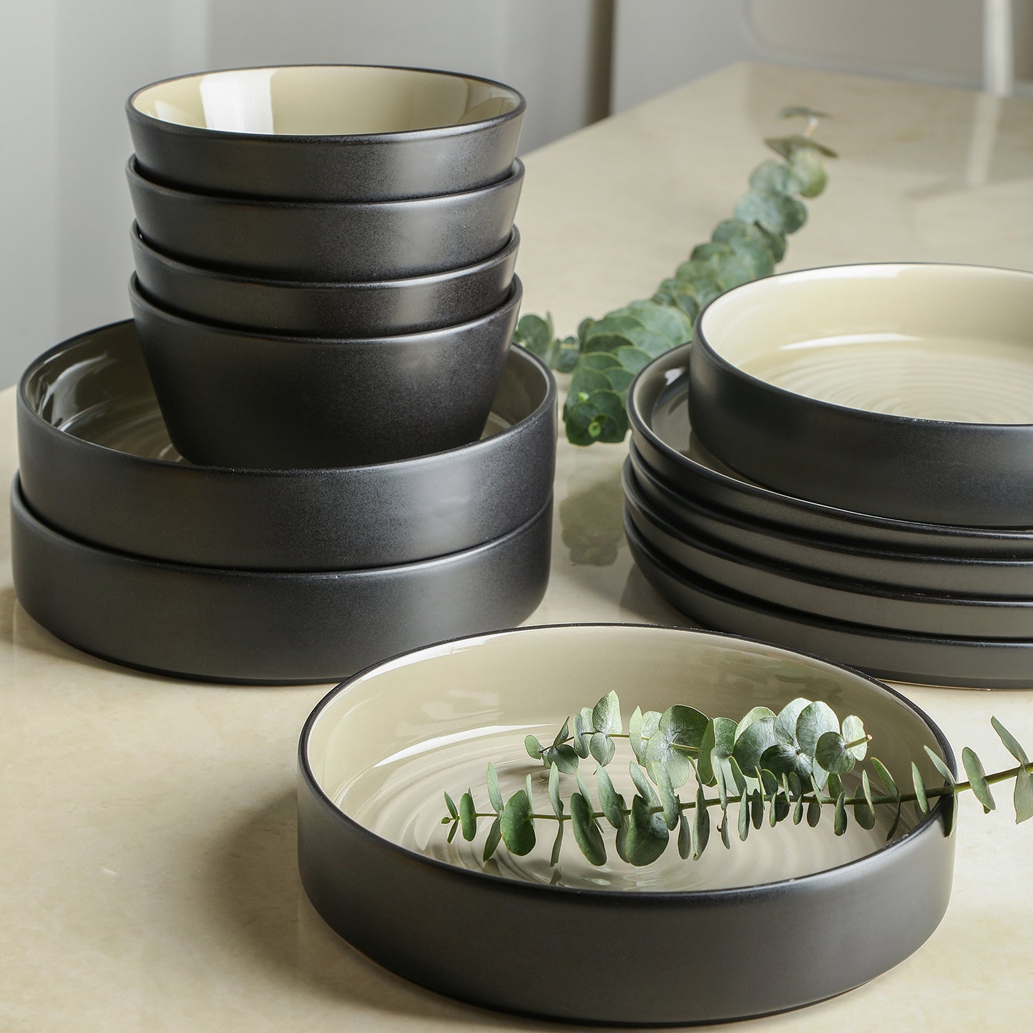 Elica Stoneware Dinnerware Set - Beige And Black