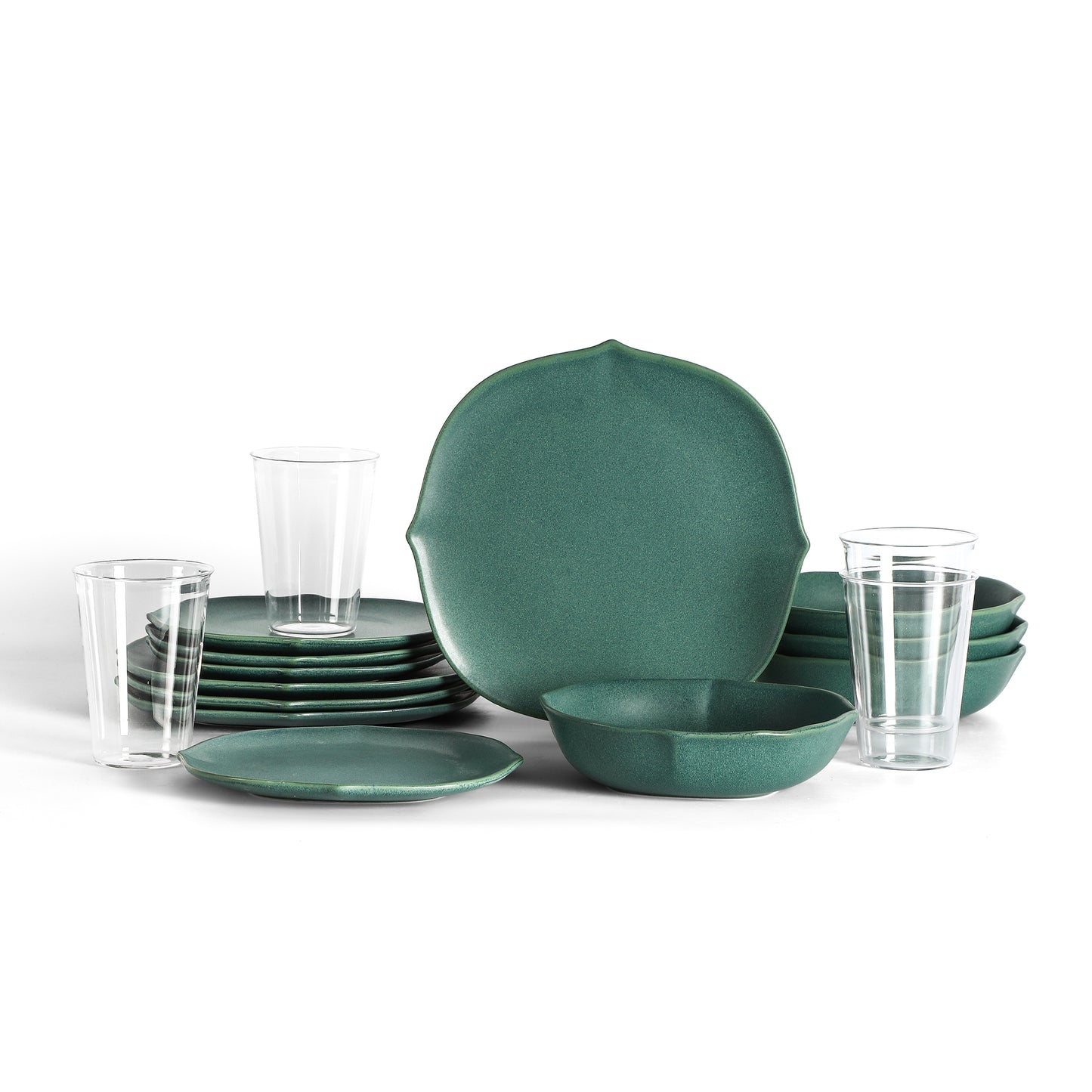 Stone Lain Baskerville Stoneware 16-Piece Dinnerware Set, Includes Glassware, Light Blue
