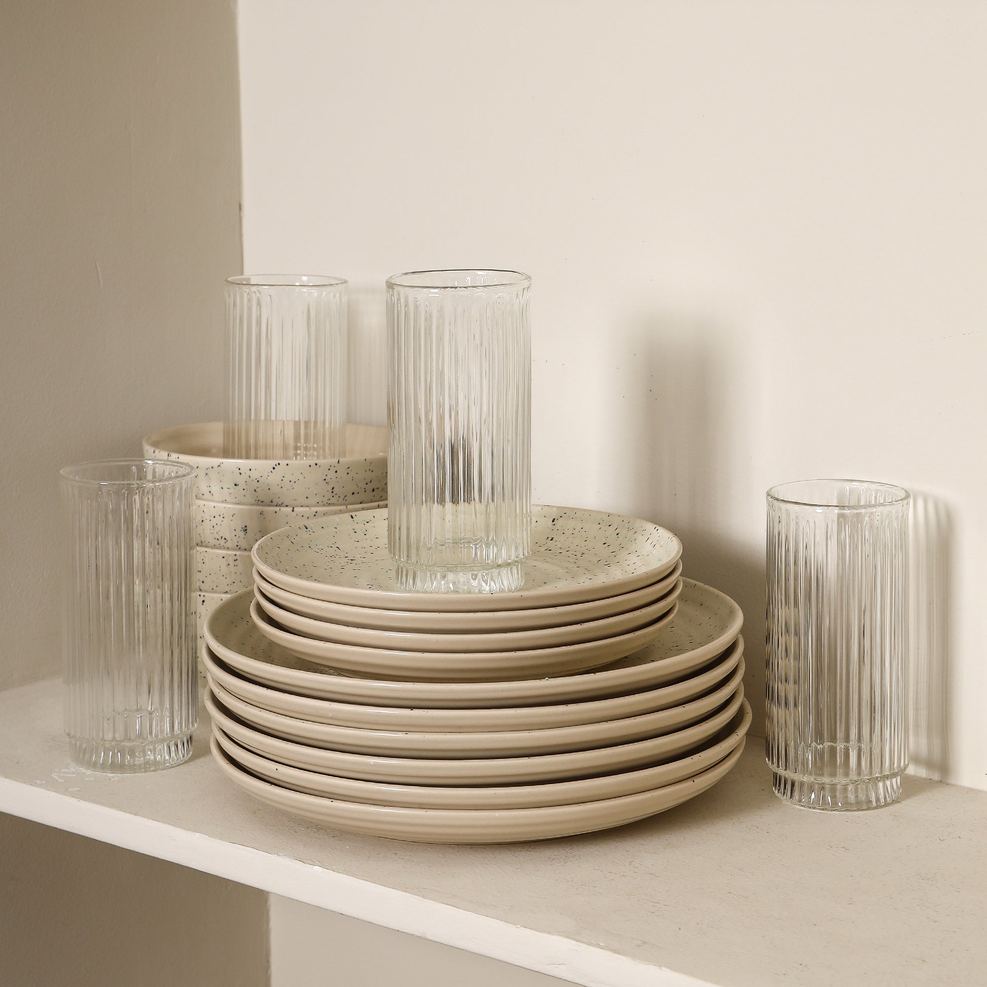 Stone Lain Dua Stoneware 16-Piece Dinnerware Set, Includes Glassware, White