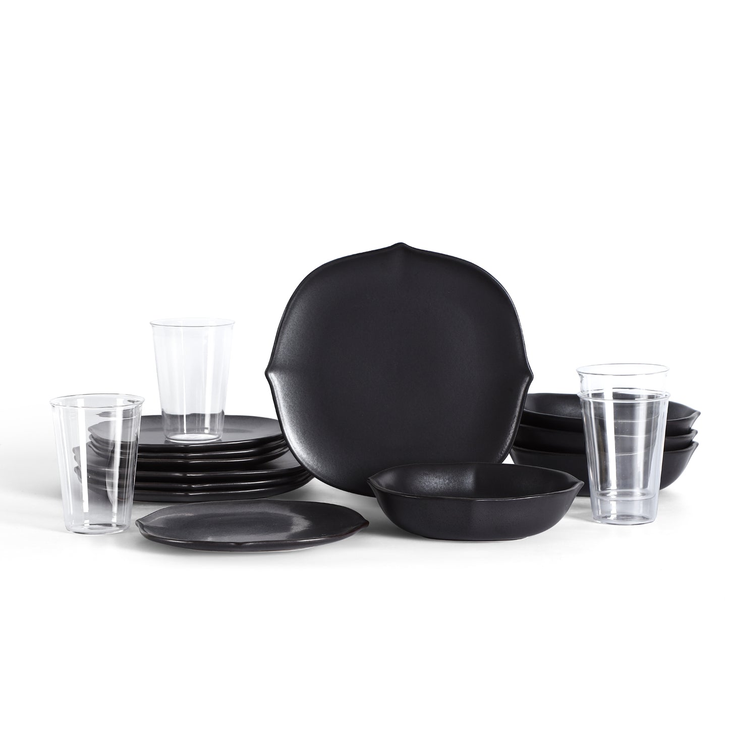 Stone Lain Baskerville Stoneware 16-Piece Dinnerware Set, Includes Glassware, Light Blue