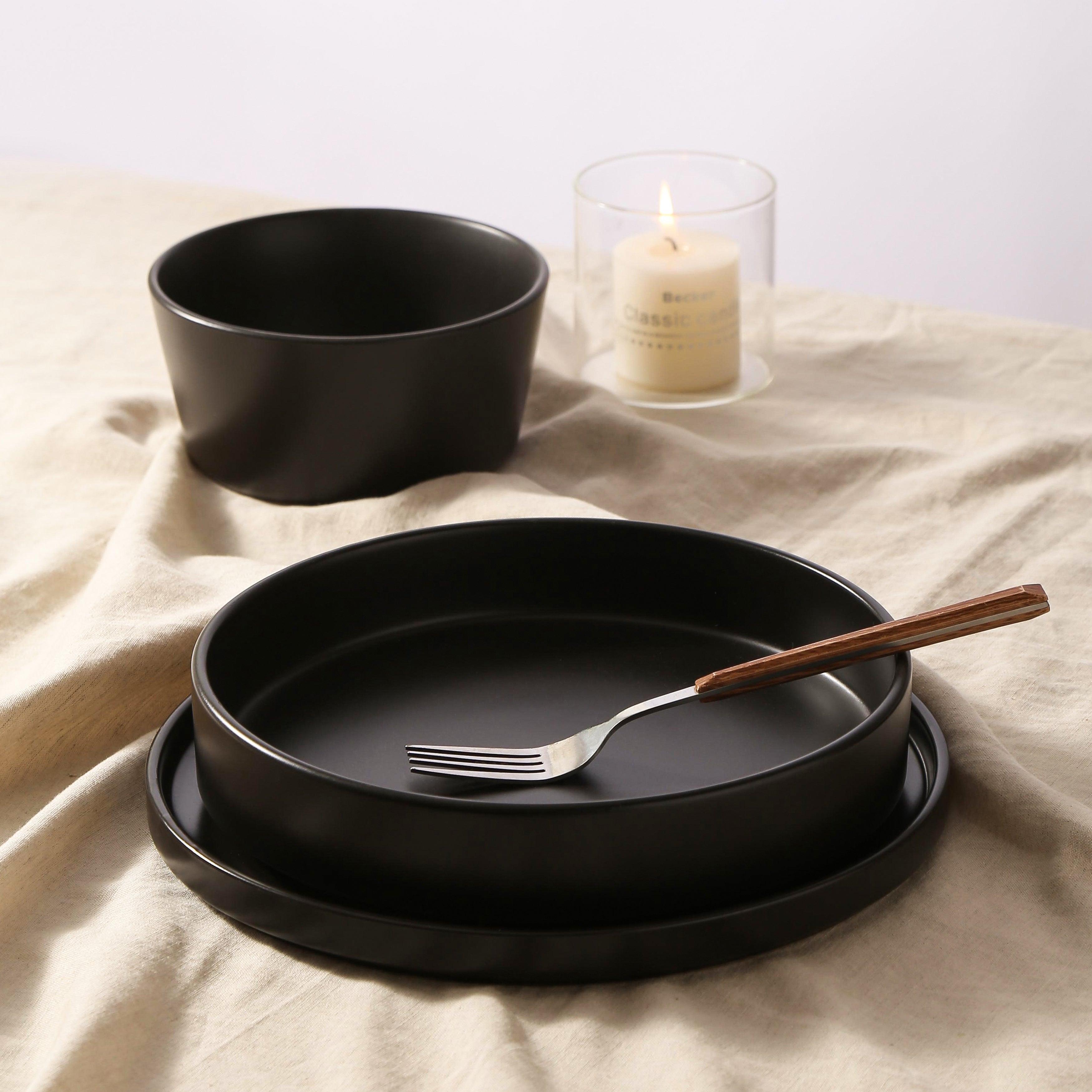 Celina Stoneware Dinnerware Set, Cereal and Dinner Bowls - Black