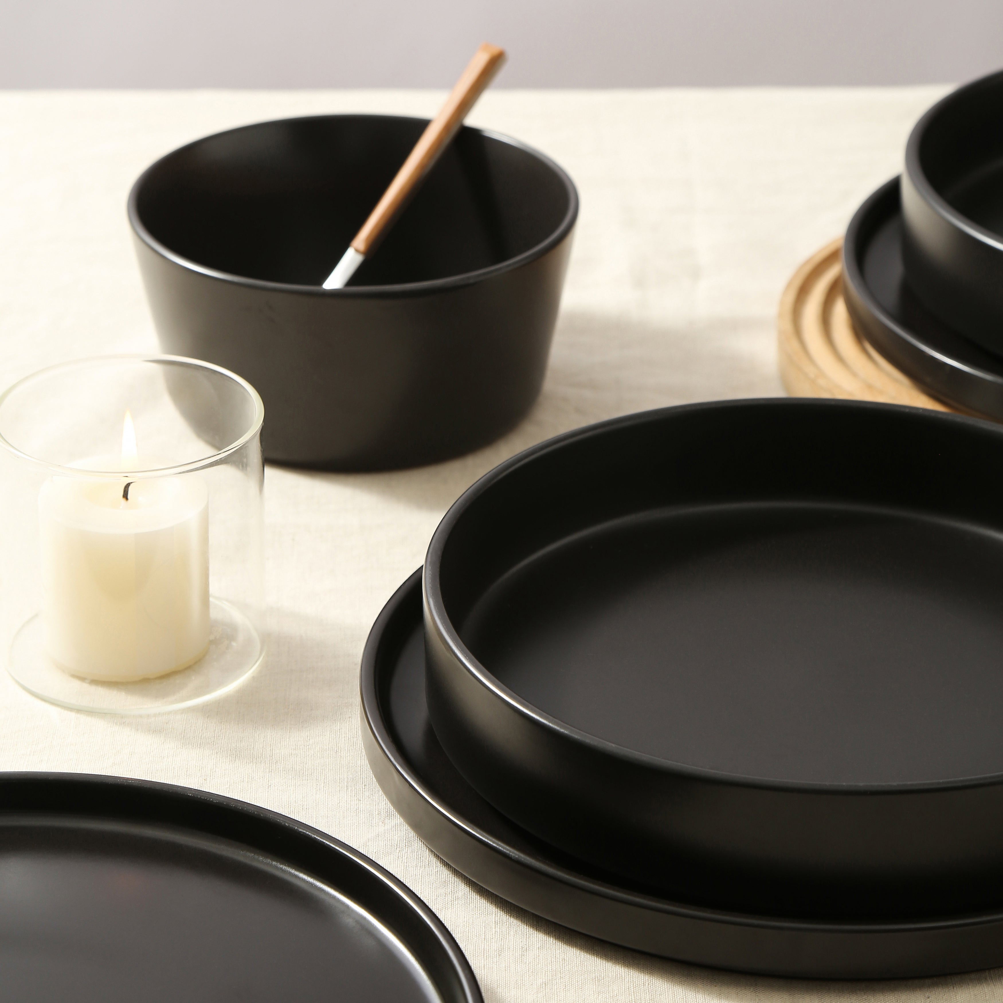 Celina Stoneware Dinnerware Set, Cereal and Dinner Bowls - Black