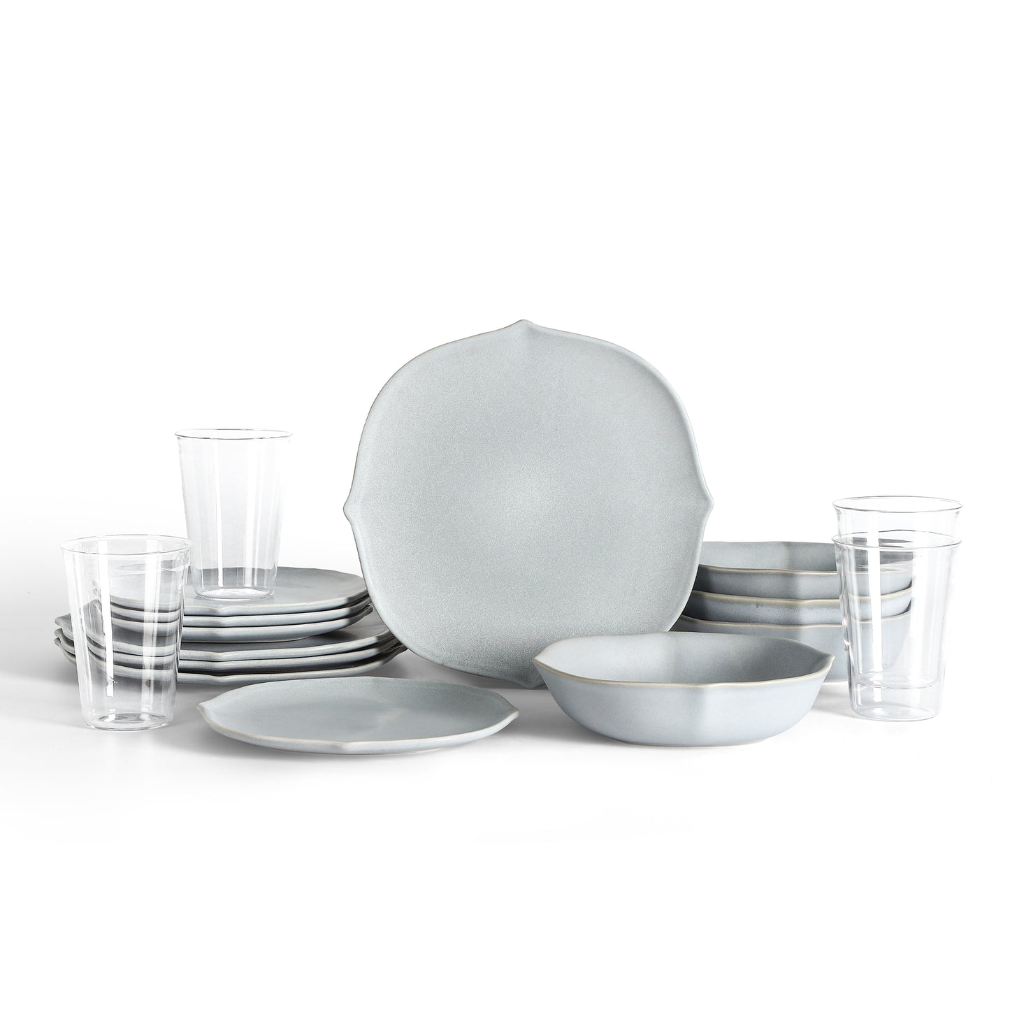 Stone Lain Baskerville Stoneware 16-Piece Dinnerware Set, Includes Glassware, Light Blue