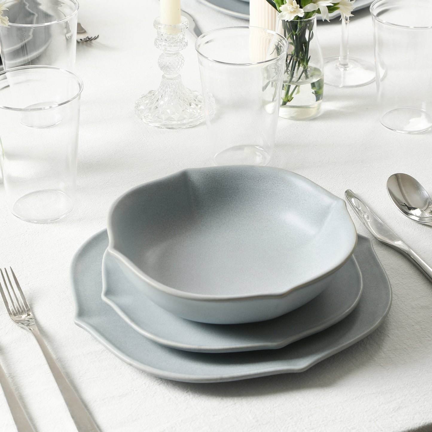 Stone Lain Baskerville Stoneware 16-Piece Dinnerware Set, Includes Glassware, Light Blue
