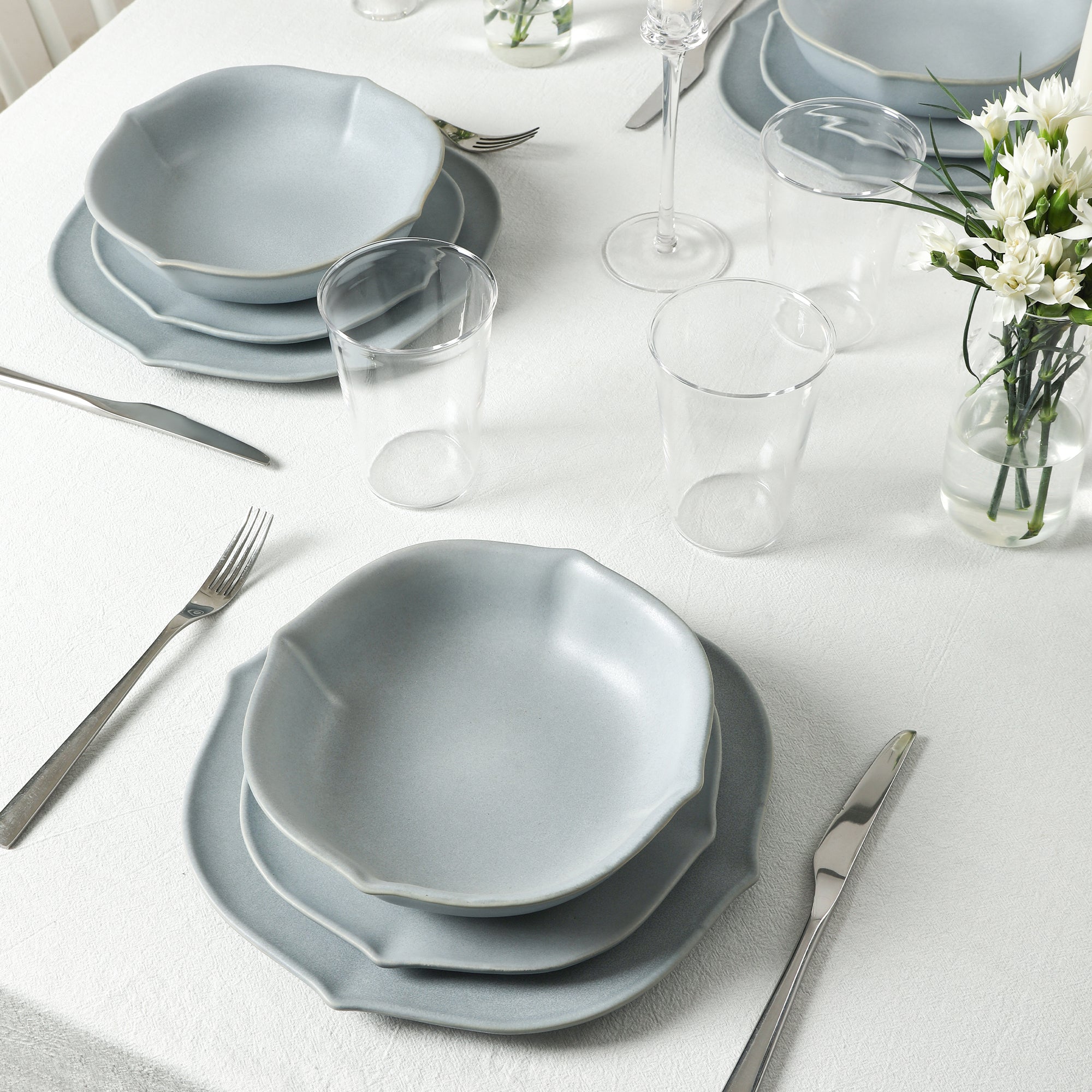 Baskerville Stoneware, Borosilicate Glass Dinnerware Set - Light Blue