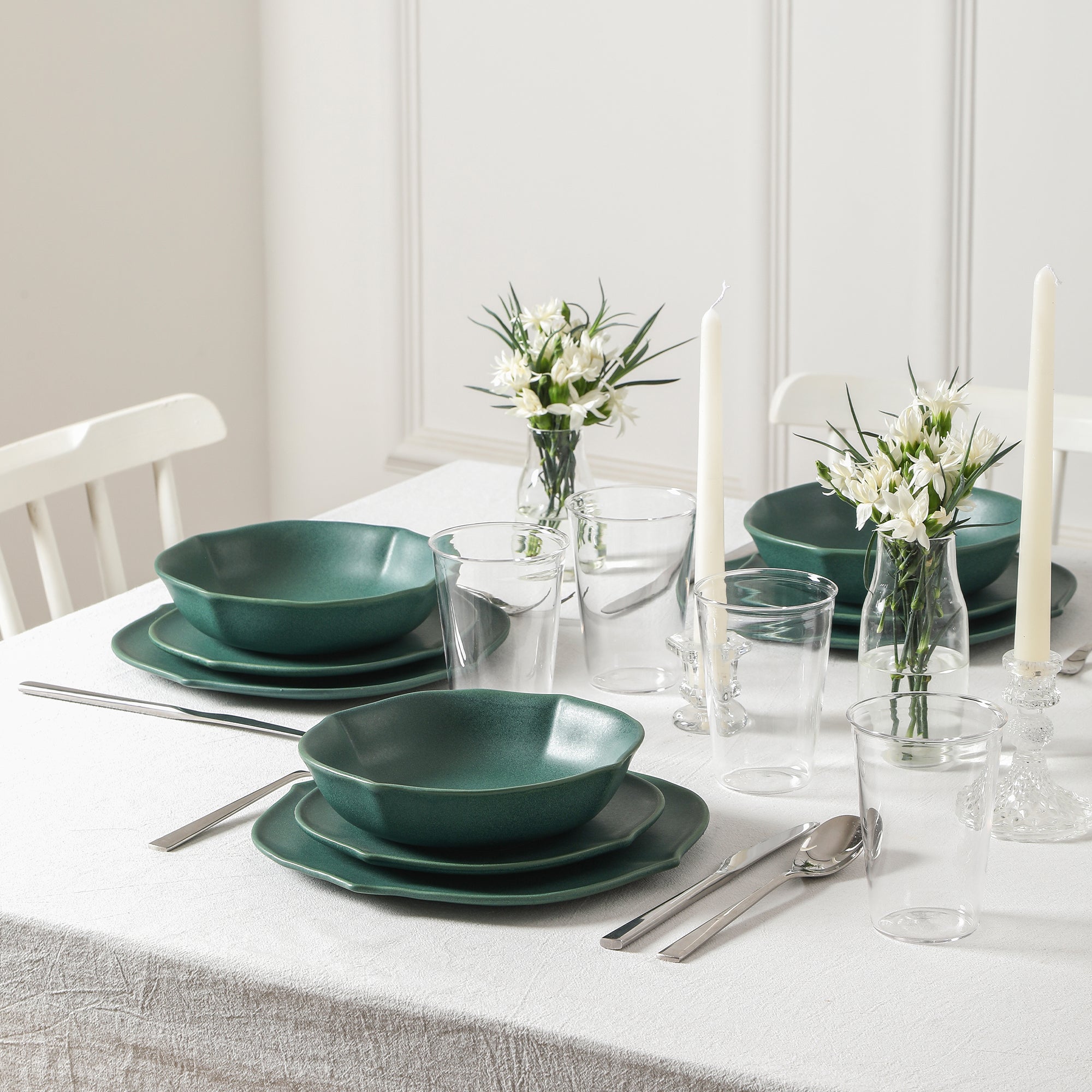 Baskerville Stoneware, Borosilicate Glass Dinnerware Set - Green