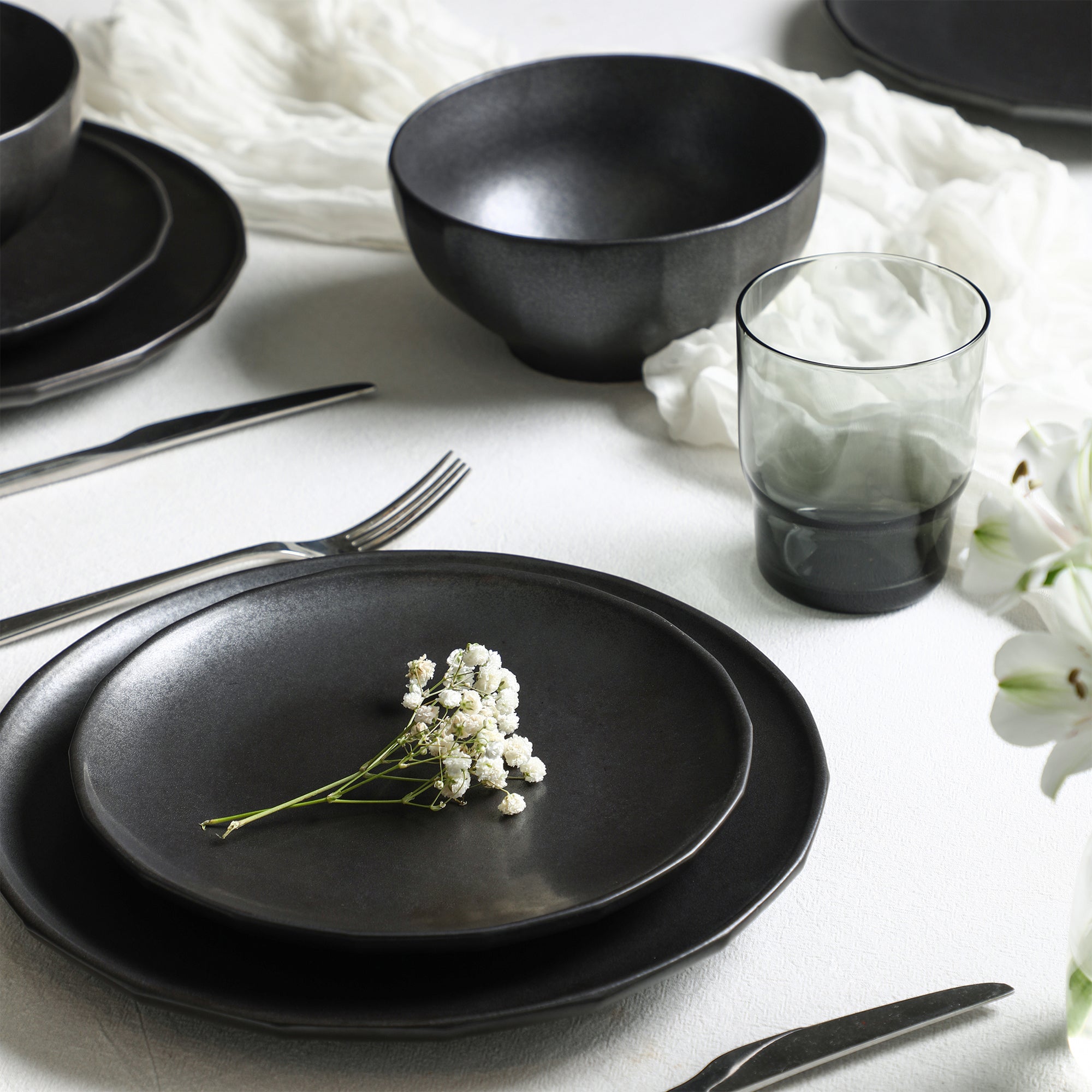 Dining Matte Black Plates Rio Stoneware Dinnerware Set With