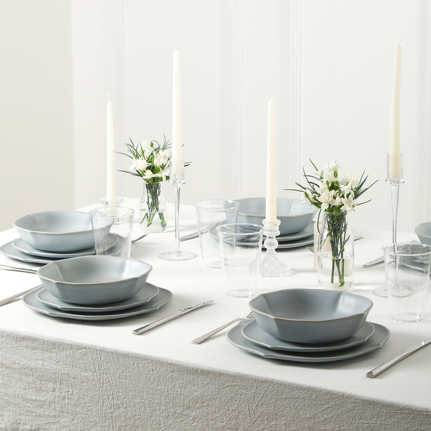 Stone Lain Baskerville Stoneware 16-Piece Dinnerware Set, Includes Glassware, Light Blue