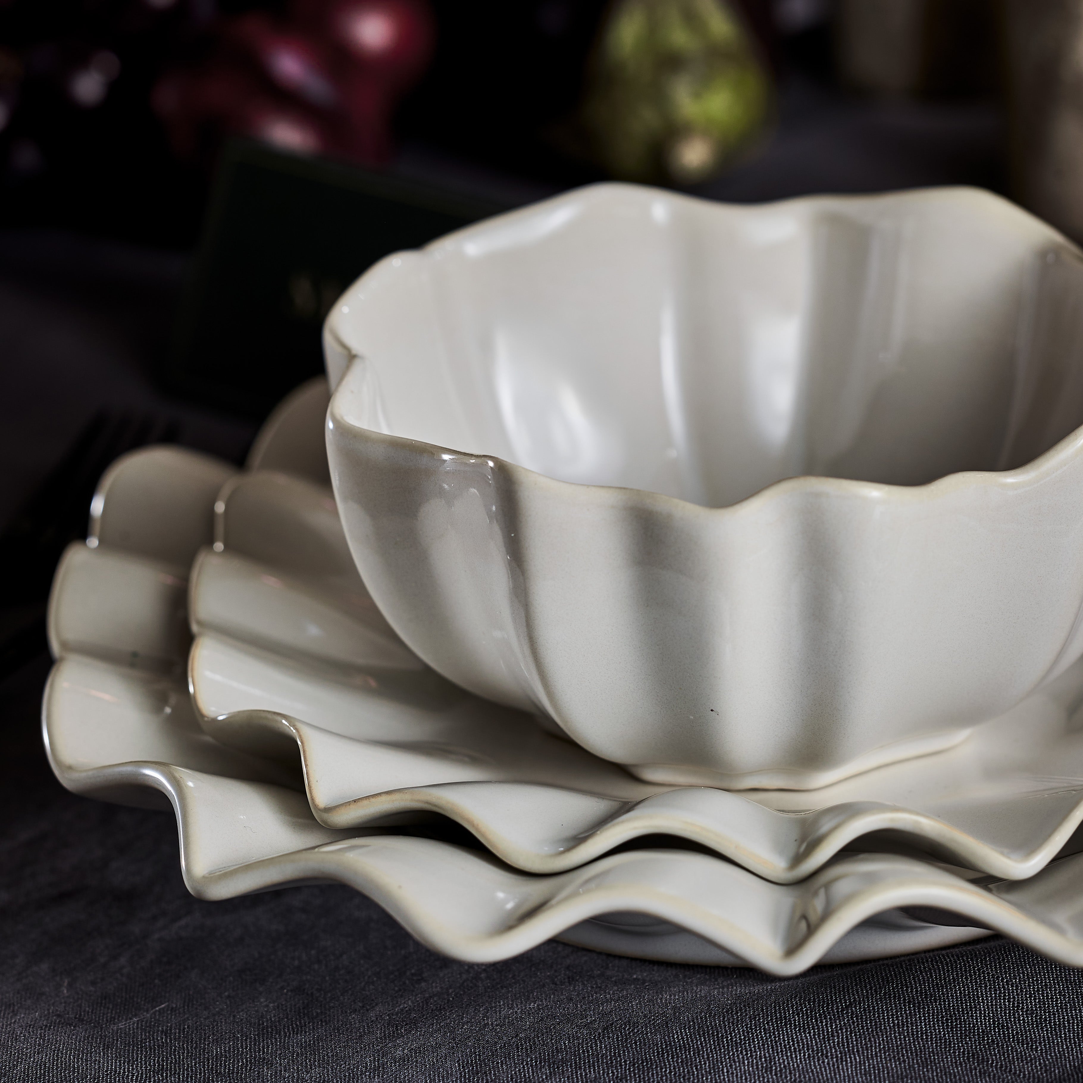 Marchesa Lotus Stoneware 12-Piece Dinnerware Set, White
