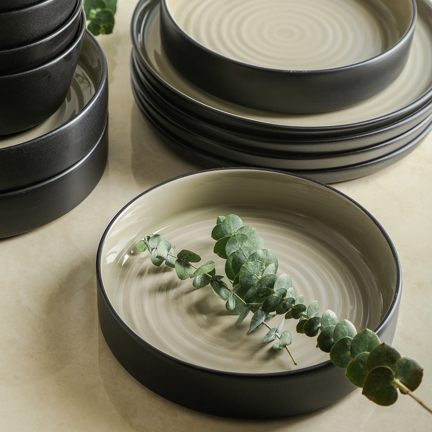 Elica Stoneware Dinnerware Set - Beige And Black