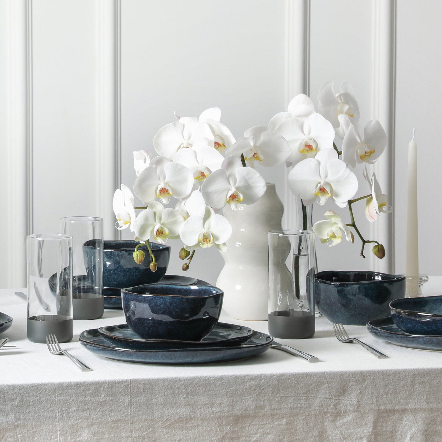 Stone Lain Mirella Stoneware 16-Piece Dinnerware Set, Includes Glasses, Blue