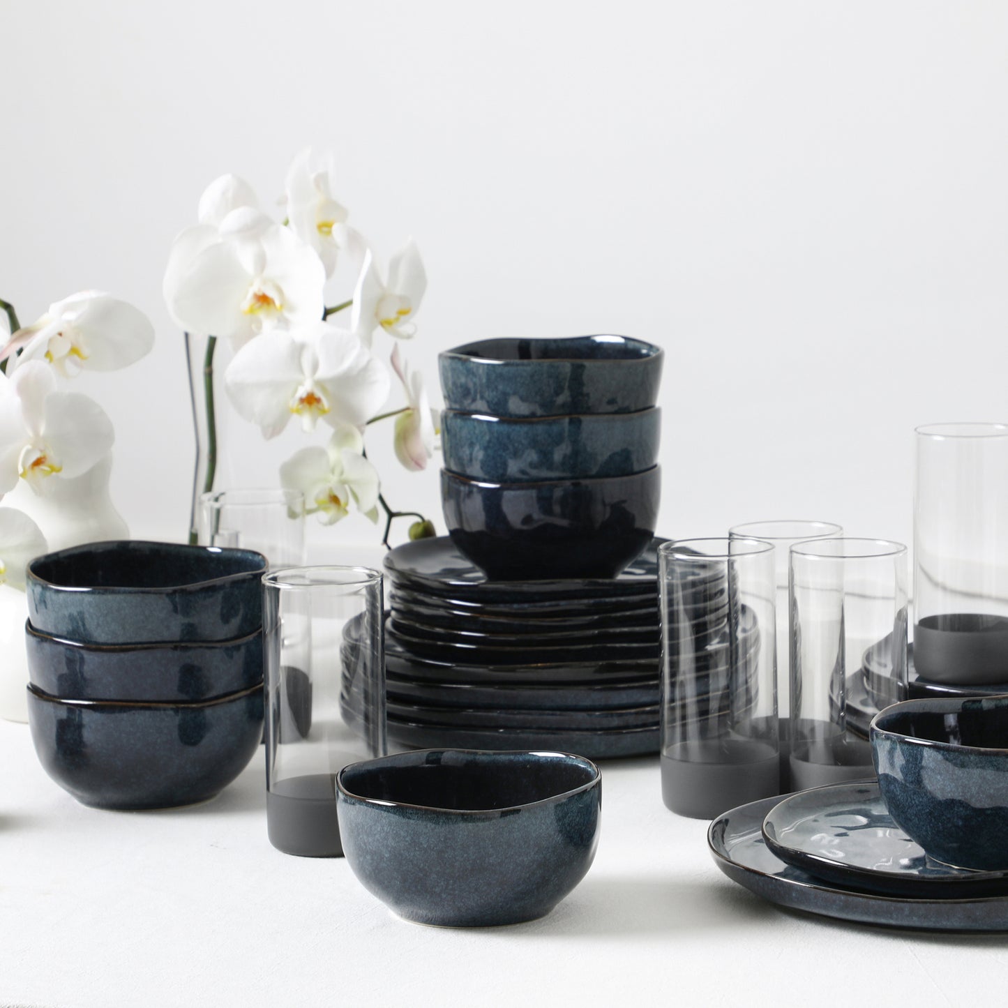 Stone Lain Mirella Stoneware 16-Piece Dinnerware Set, Includes Glasses, Blue