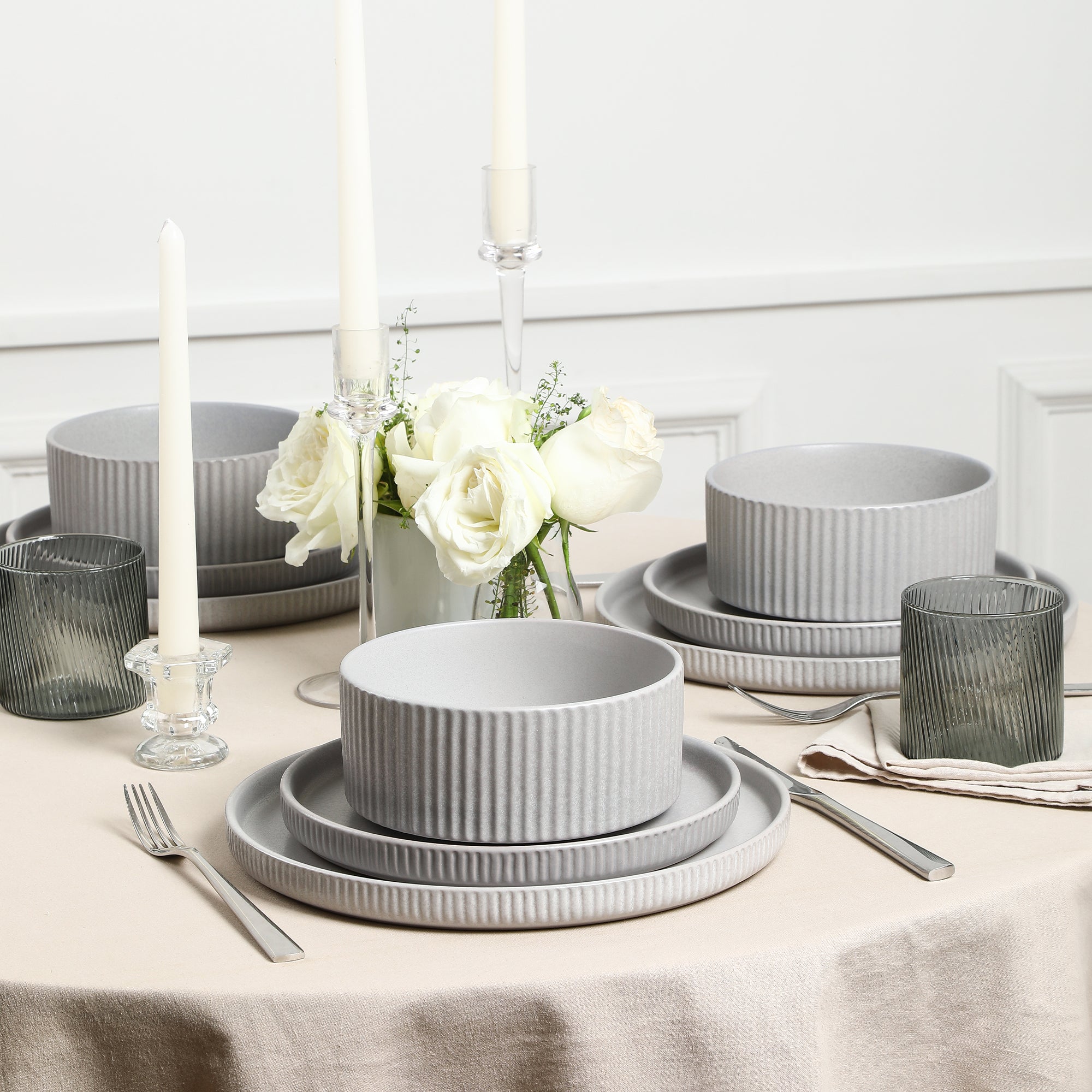 Haven Stoneware Dinnerware with Cereal Bowl Set - Grey