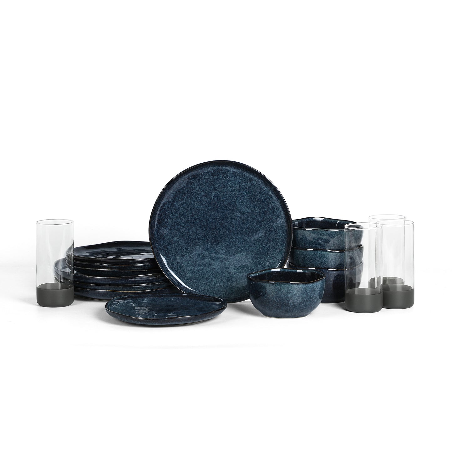 Stone Lain Mirella Stoneware 16-Piece Dinnerware Set, Includes Glasses, Blue