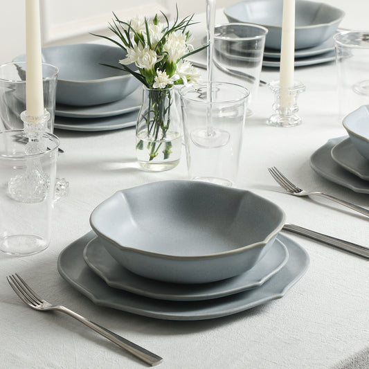 Stone Lain Baskerville Stoneware 16-Piece Dinnerware Set, Includes Glassware, Light Blue