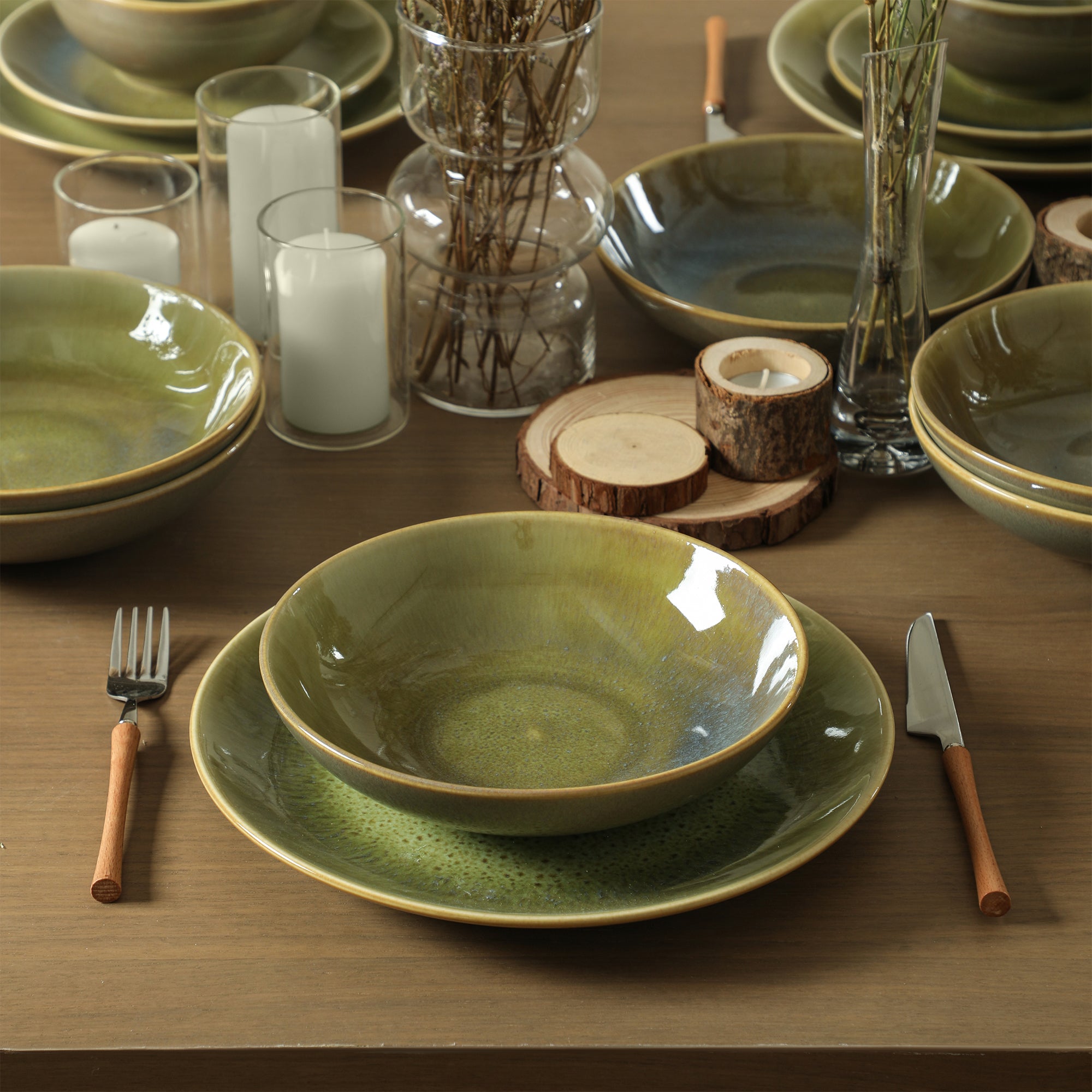 Riley Stoneware Pasta Bowl Set - Green and Blue