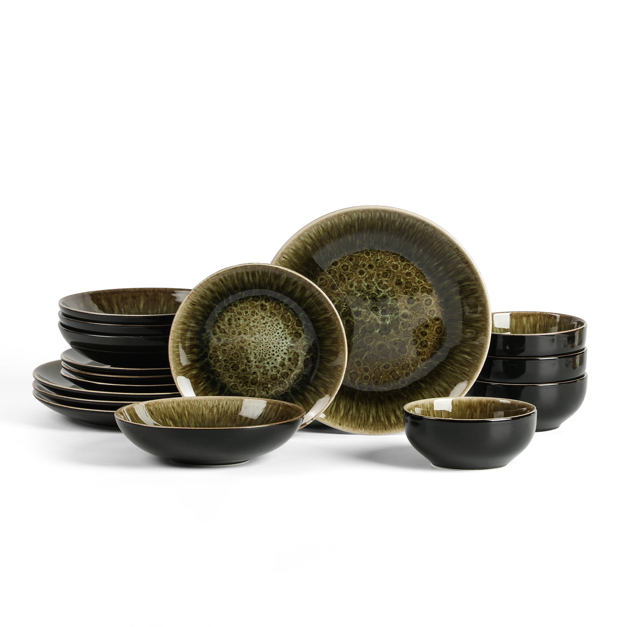 Riley Stoneware Dinnerware Set with Pasta Bowls - Black and Green