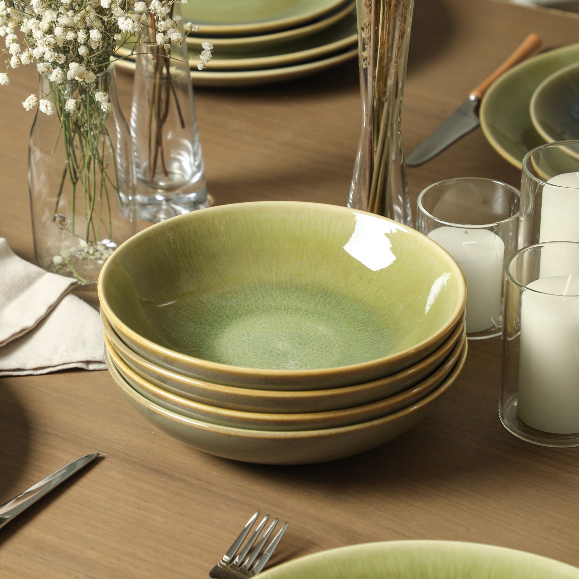 Riley Stoneware Pasta Bowl Set - Green and Blue