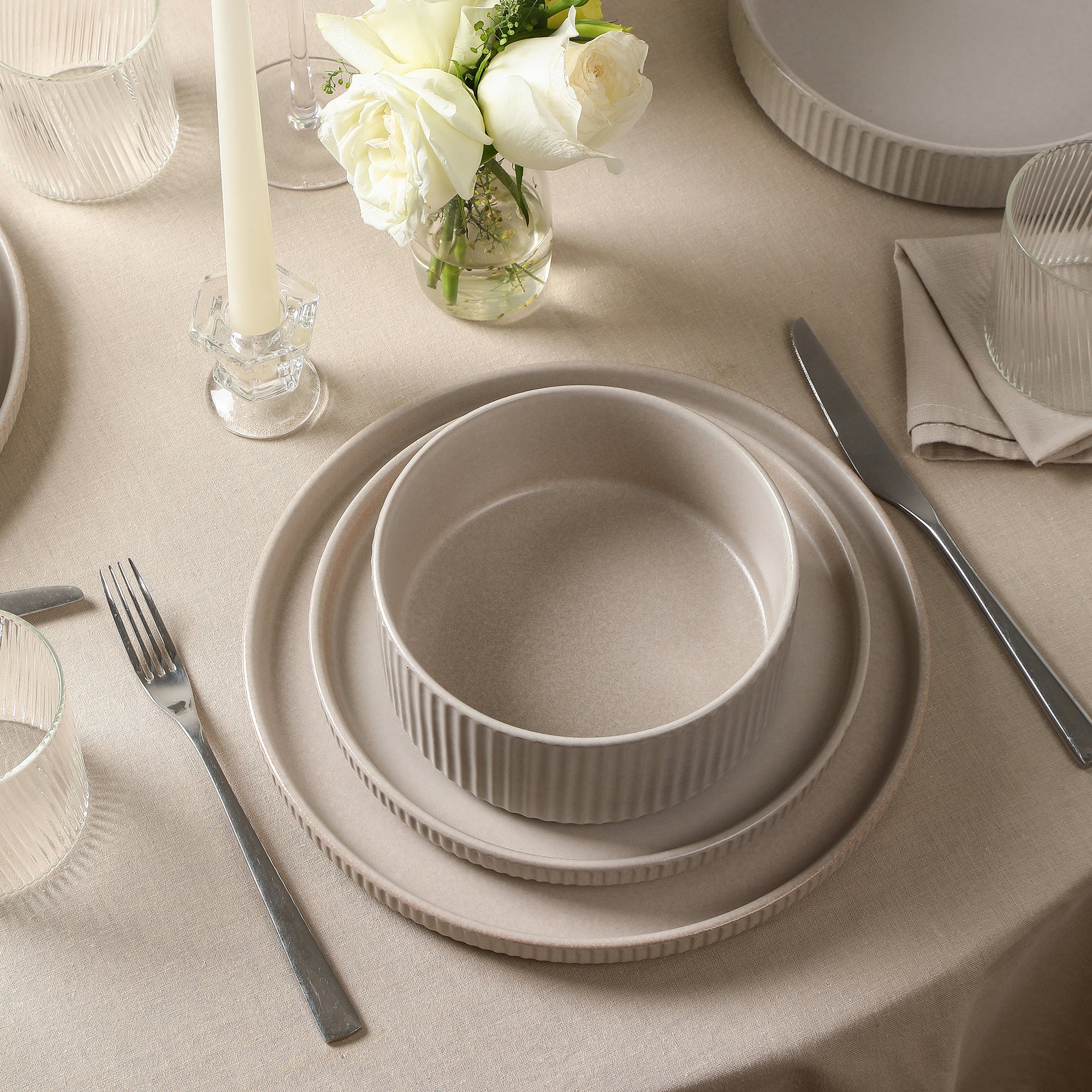 Haven Stoneware Dinnerware with Cereal Bowl Set - Beige