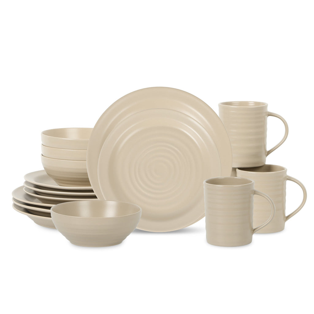 Orbit Stoneware Dinnerware Set with Cereal Bowls and Mugs - Beige