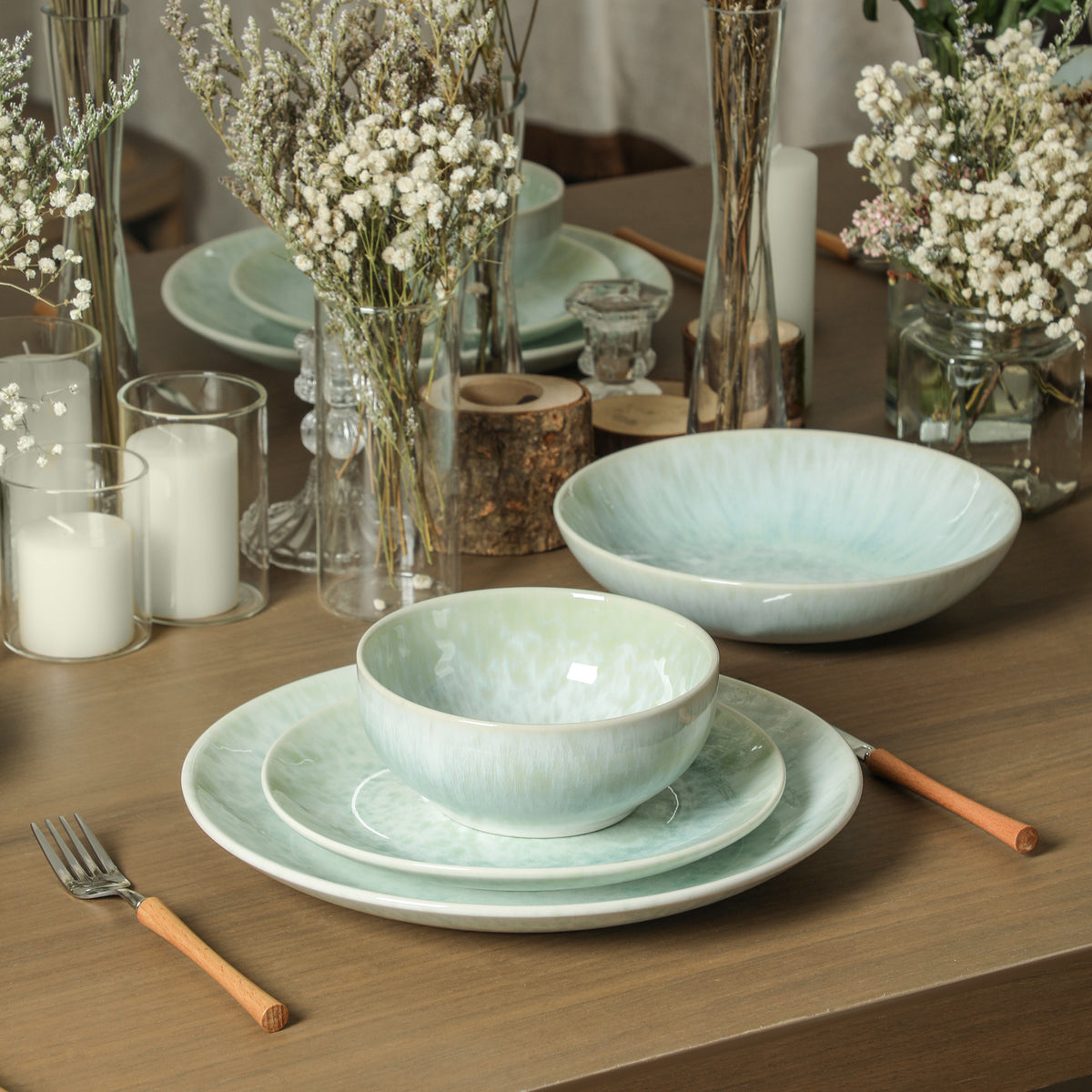 Riley Stoneware Dinnerware Set with Pasta Bowls - Seafoam