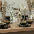 Riley Stoneware Dinnerware Set with Pasta Bowls - Black and Green