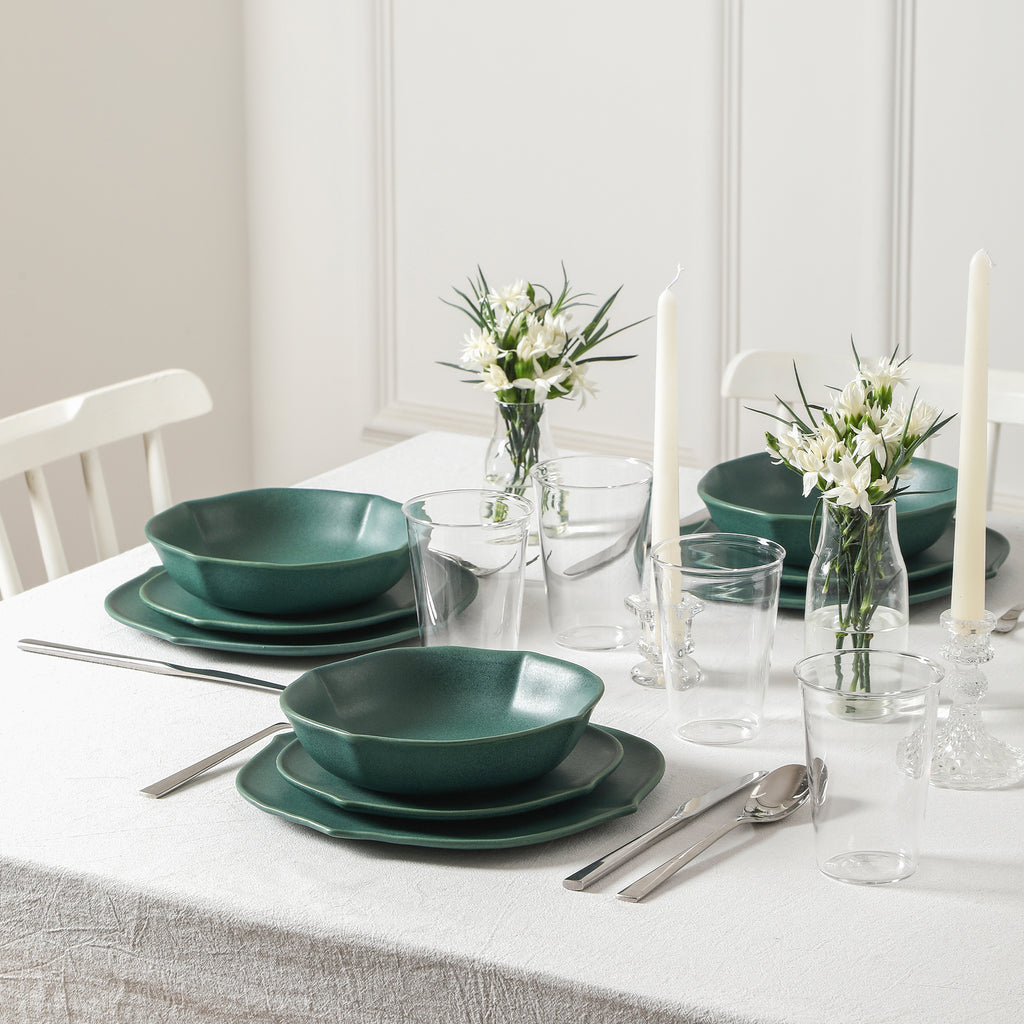 Baskerville Stoneware, Borosilicate Glass Dinnerware Set - Green
