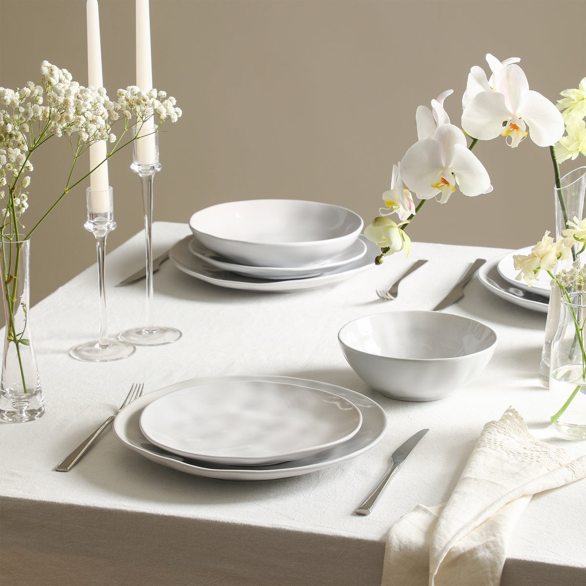 Harper Stoneware Dinnerware Set with Cereal and Pasta Bowls - White