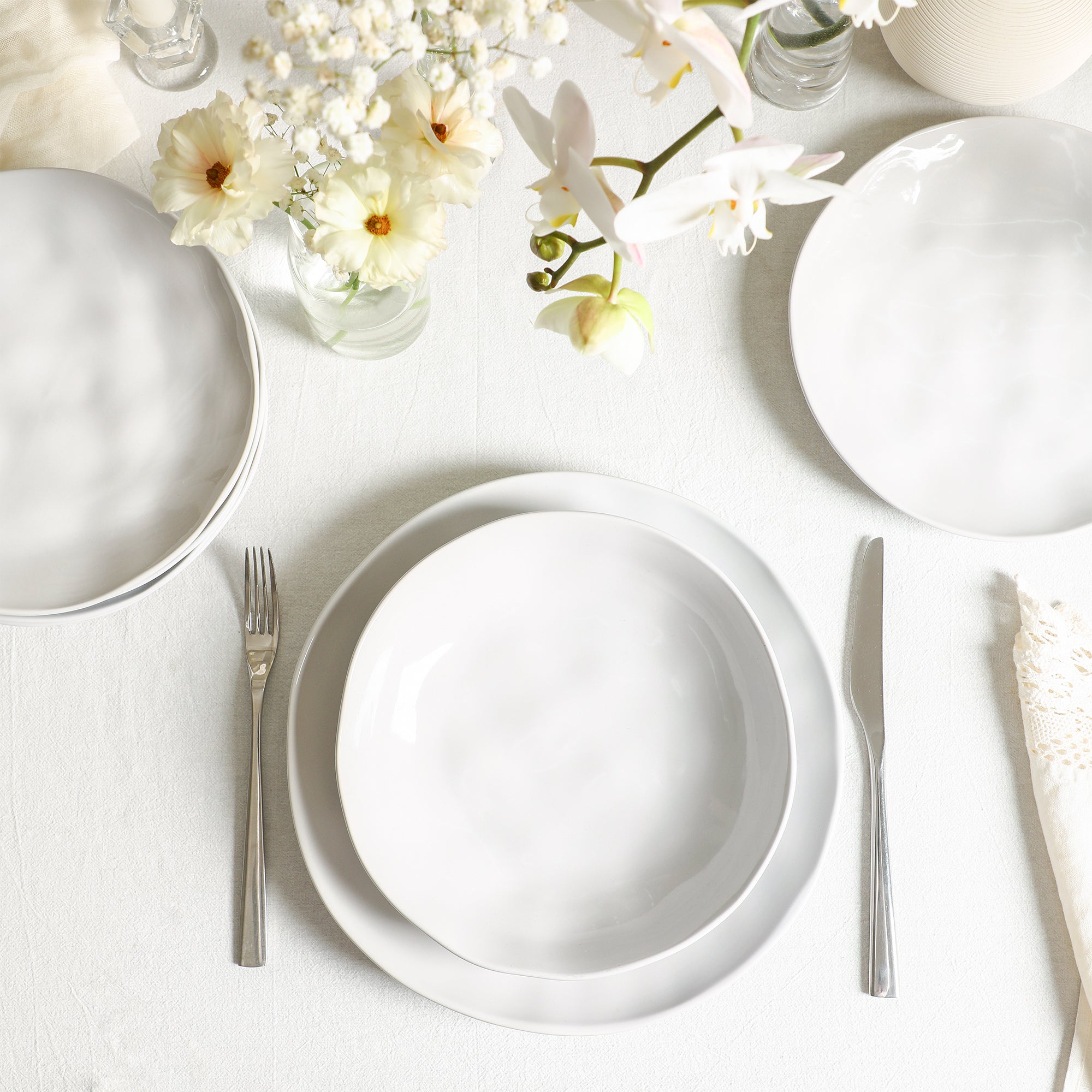 Harper Stoneware Dinnerware Set with Pasta Bowls - White
