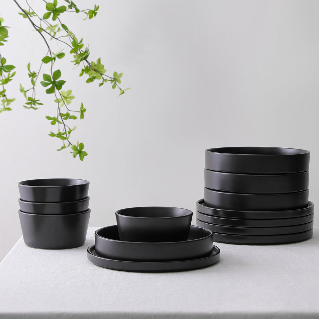 Celina Stoneware Dinnerware Set, Cereal and Dinner Bowls - Black