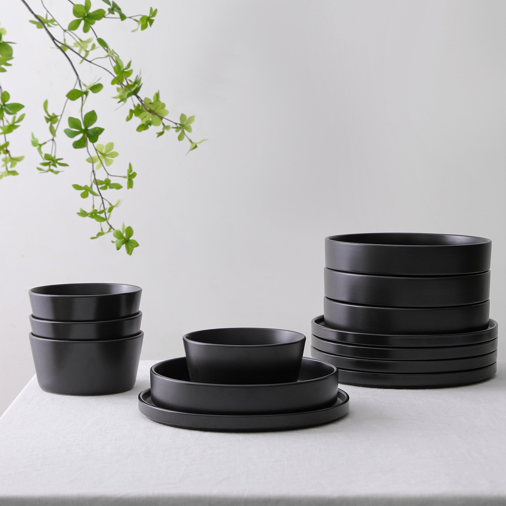 Celina Stoneware Dinnerware Set, Cereal and Dinner Bowls - Black