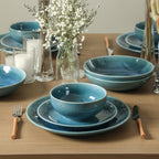 Riley Stoneware Dinnerware Set with Pasta Bowls - Blue