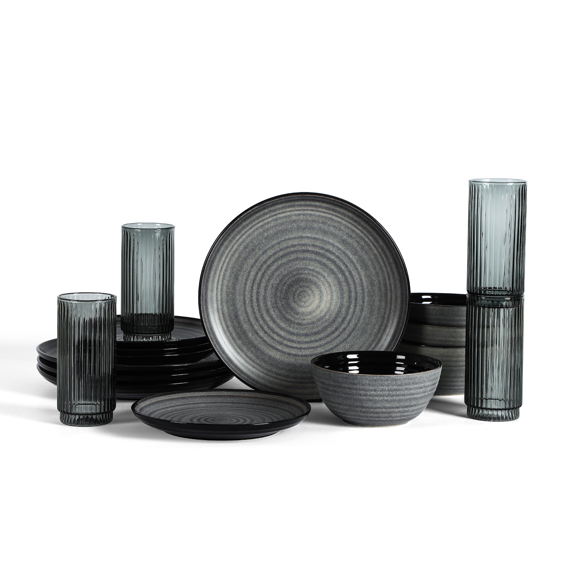 Stone Lain Dua Stoneware 16-Piece Dinnerware Set, Includes Glassware, White - 16 / Black