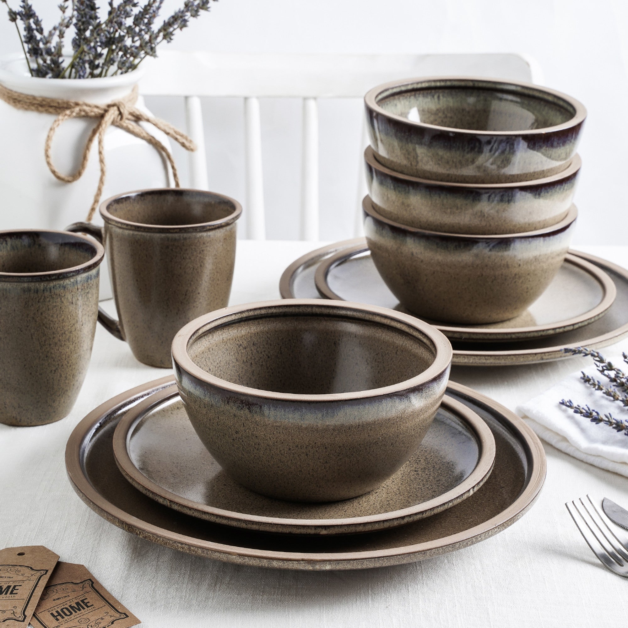 Tina Stoneware Dinnerware Set - Green And Beige
