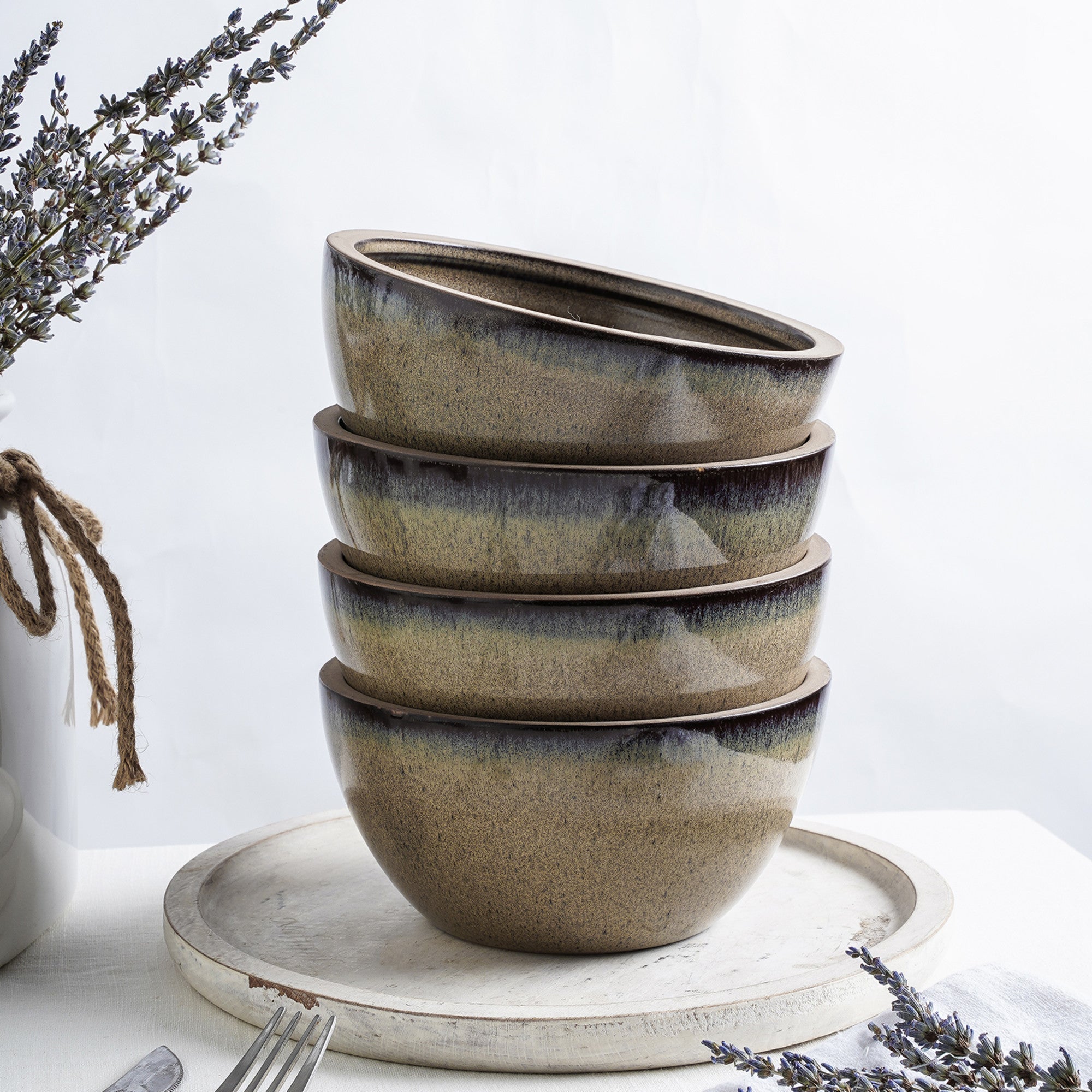 Tina Stoneware Bowl - Green And Beige